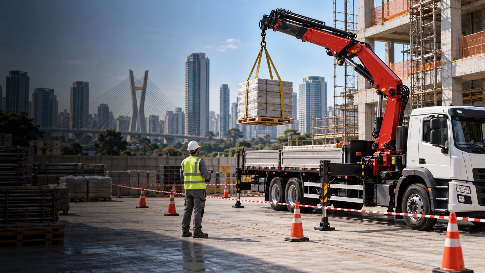 Imagem ilustrativa de guindauto articulado movimentando carga em canteiro de obras