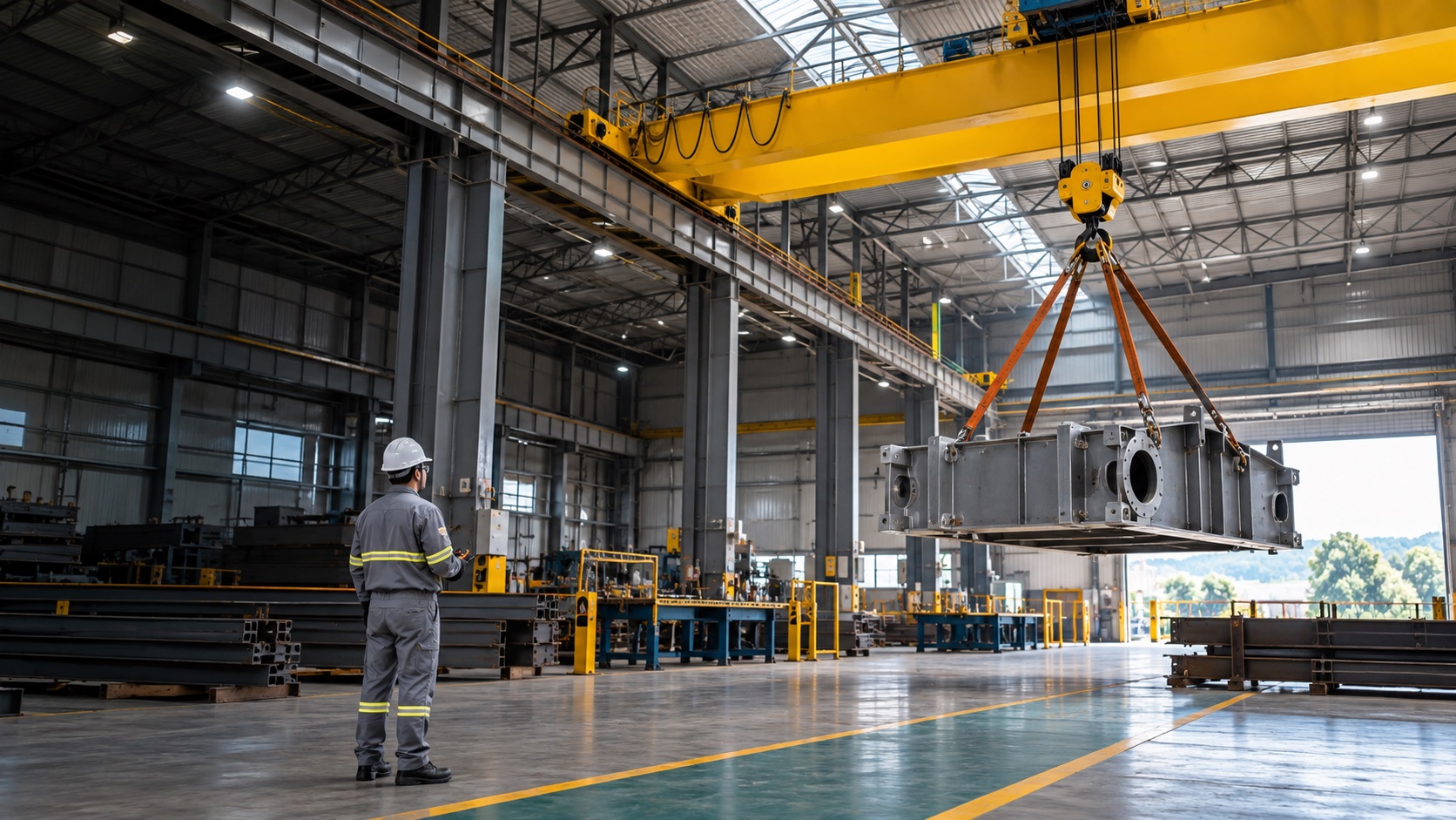 Imagem ilustrativa de ponte rolante movimentando componente industrial com segurança
