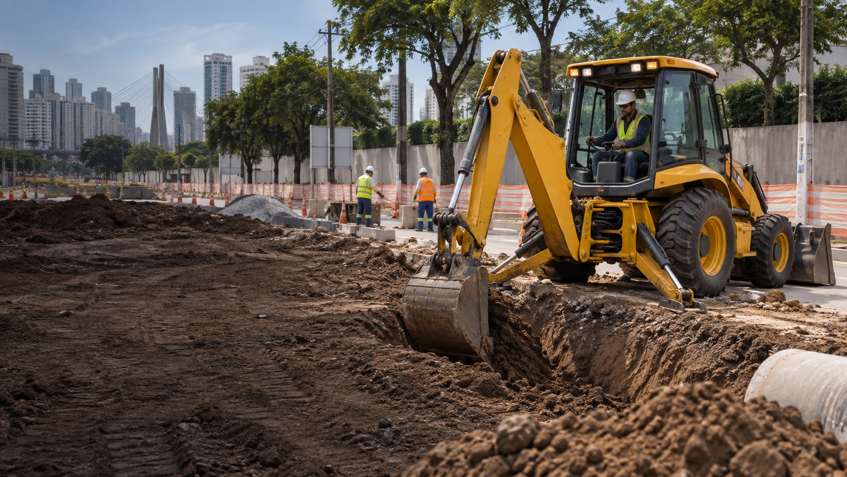 Imagem ilustrativa de retroescavadeira em serviço de infraestrutura urbana